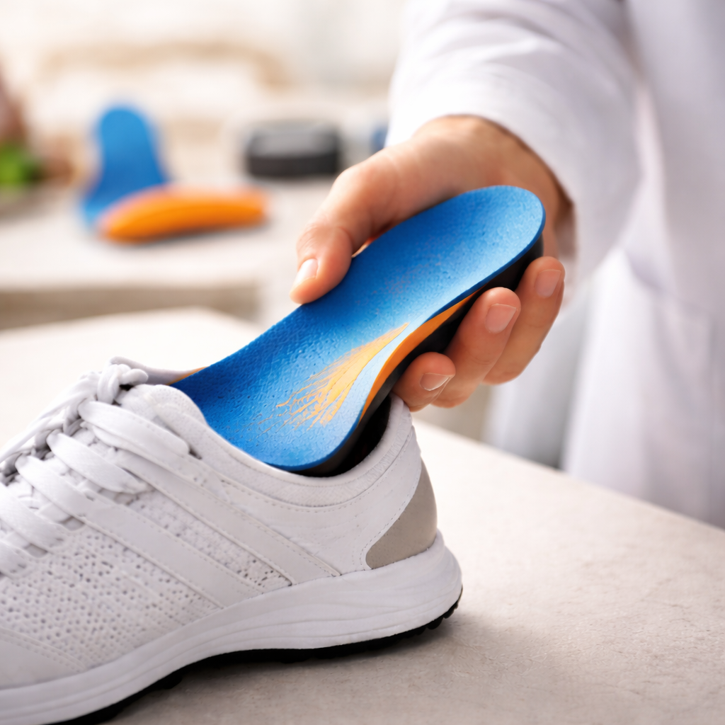 Custom orthotic insert being fitted into a shoe